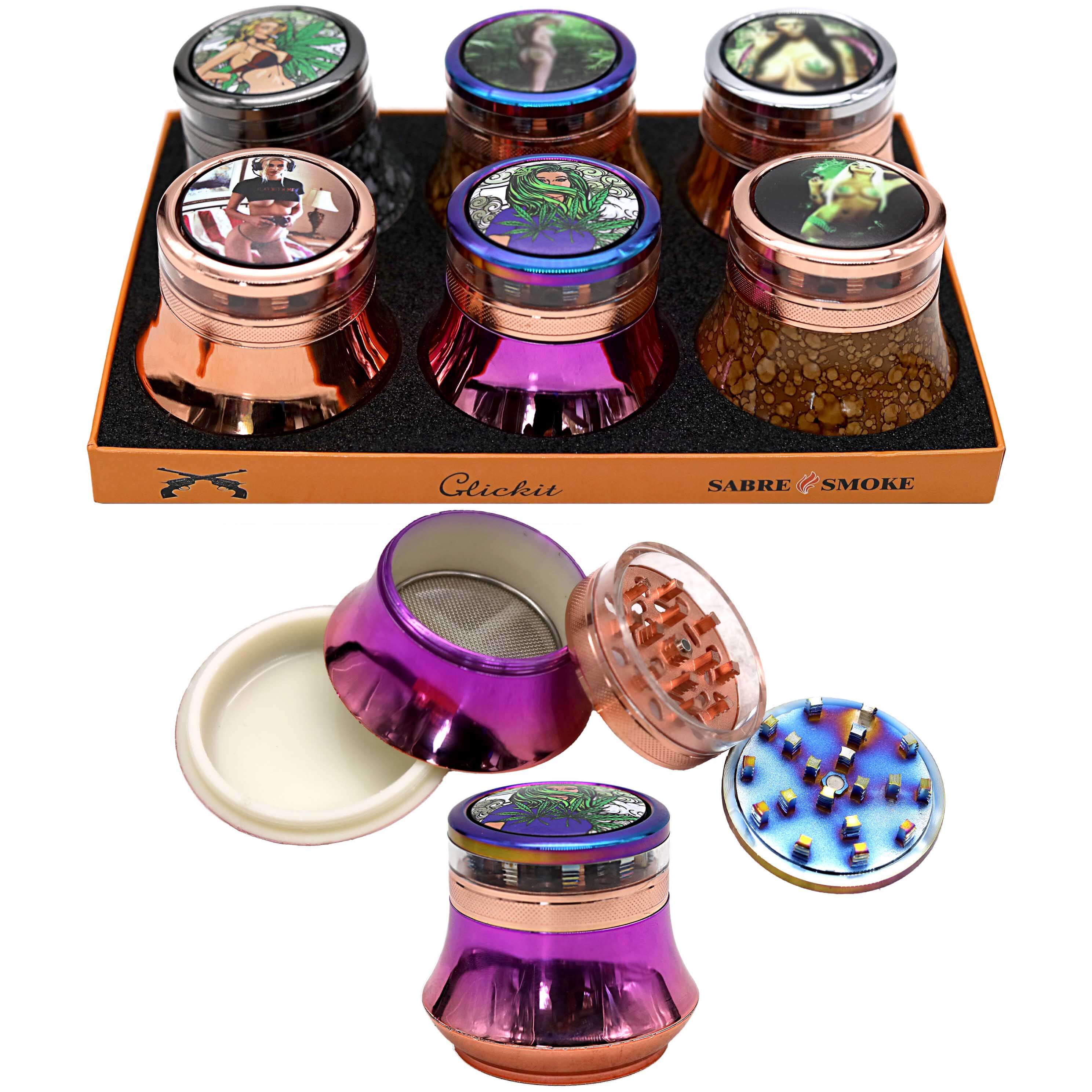 Clickit Spinning Lady Poses Wooden Look Beaker Shaped 4 Part Grinder (MG-084C) | 55mm | Assorted Design product image